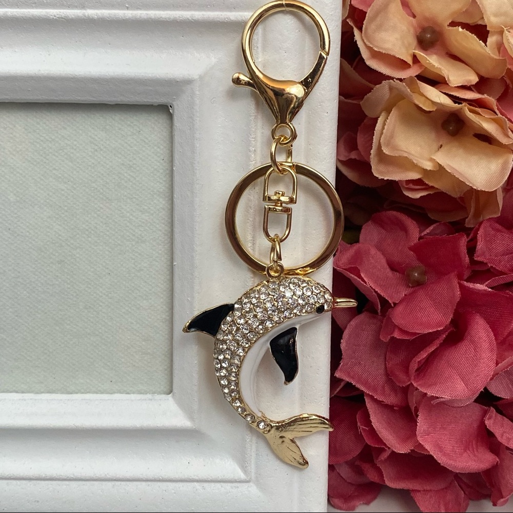 Black White & Gold Crystal Dolphin Charm Keychain - Picture 7 of 16